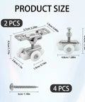 Sliding Door Rollers Replacement Kit For Three Quarter Inch Pocket Doors And Johnson Wheels, Top Hanger Rollers For Closet Bypass And RV Sliding Doors, Heavy Duty Steel Bracket With POM Wheels, Quiet, Supports Up To 220 Lb Per Door, Silver Set Of 2, product size dimensions and components shown