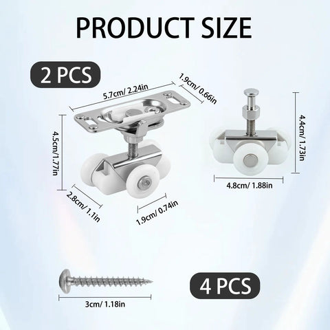 Sliding Door Rollers Replacement Kit For Three Quarter Inch Pocket Doors And Johnson Wheels, Top Hanger Rollers For Closet Bypass And RV Sliding Doors, Heavy Duty Steel Bracket With POM Wheels, Quiet, Supports Up To 220 Lb Per Door, Silver Set Of 2, product size dimensions and components shown