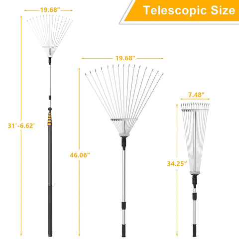 Telescoping Roof And Yard Rake For Leaves And Debris Cleanup Dual Use From Roof To Lawn Extends From 6.62 To 31 Feet Detachable Rake Head