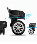 Silent And Smooth Rolling Luggage Wheel Replacement Kit Featuring Rock Solid Steel Axles With Super Flexible 360 Degree Swiveling Casters For Travel Gear Sets displayed at 360-degree angles, showcasing black PVC material and design.