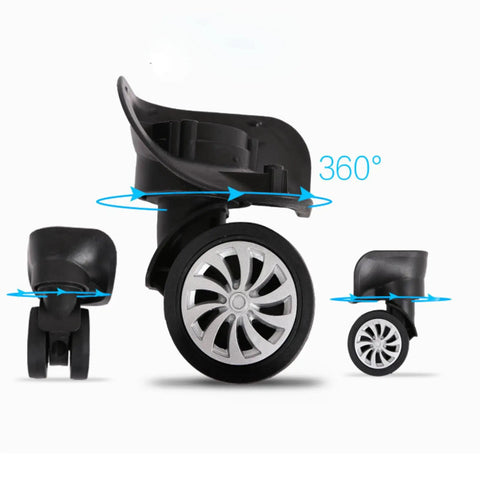 Silent And Smooth Rolling Luggage Wheel Replacement Kit Featuring Rock Solid Steel Axles With Super Flexible 360 Degree Swiveling Casters For Travel Gear Sets displayed at 360-degree angles, showcasing black PVC material and design.