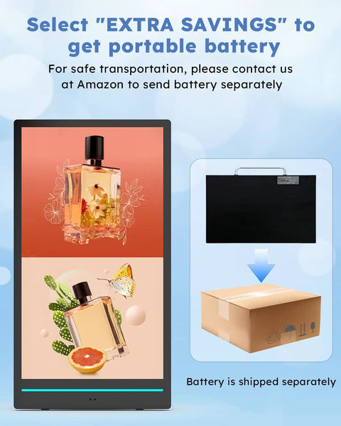 Take Your Business On The Road With This 55 Inch Outdoor Mobile Digital Signage Display IP65 Waterproof Advertising Kiosk showing battery info.