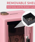 Pink Mini Money Safe Lock Box For Cash, Jewelry And Valuables, showing open door with removable shelf detail.