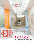 Red LED Exit Sign With Emergency Lights And Battery Backup shown in hallway setting, dual adjustable head LED lamps, fire resistant ABS housing.