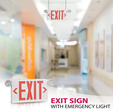 Red LED Exit Sign With Emergency Lights And Battery Backup shown in hallway setting, dual adjustable head LED lamps, fire resistant ABS housing.