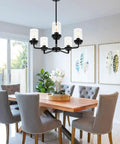 Dope Five Light Black Pendant Chandelier With Clear Glass Cylinder Shades And Gooseneck Arms For Dining Room Entryway Living Room And Bedroom Semi Flush Mount Ceiling Light Fixture For Modern Homes.