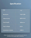 Specification table for Kobra 3D Printer Camera For Real Time Remote Video Monitoring And Ultra Clear Live View Easy Setup DIY Frame Compatible With Kobra 3 Kobra 2 Pro Plus Max And Klipper Printers, listing FOV, resolution, and video format.