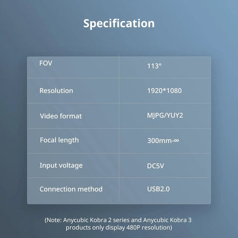 Specification table for Kobra 3D Printer Camera For Real Time Remote Video Monitoring And Ultra Clear Live View Easy Setup DIY Frame Compatible With Kobra 3 Kobra 2 Pro Plus Max And Klipper Printers, listing FOV, resolution, and video format.