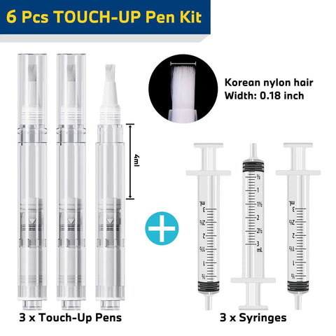 Translucent Touch Up Paint Brush Pen Set Of 3 For Quick Fixes On Walls Wood Floors Cabinets Desks Stains And Scratches Including Cover Ups With Easy Storage And Fresh Inside For 36 Months, image showing the 6-piece kit with 3 translucent touch-up pens and syringes with nylon brush tips.