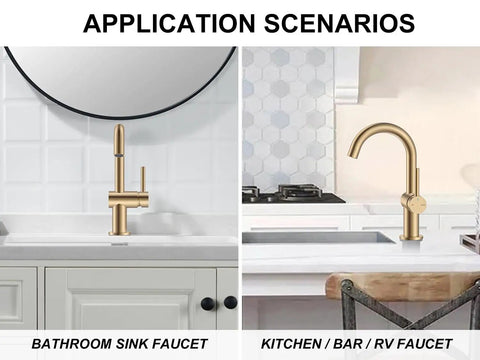Champagne Bronze Single Handle Bathroom Faucet One Hole Vanity Sink With Lead Free Certified Design showcased in bathroom and kitchen.