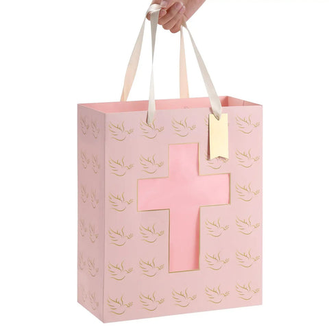 Pink Gift Bag With Cross Window Design And Tissue Paper 10 By 5 By 13 Inches Ideal Baptism Gift Bag For Girls First Communion And Confirmation Gifts Christening And Religious Event Supplies.