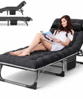 Heavy Duty Outdoor Tanning Chair With 5 Position Folding Chaise Lounge And Pad in black with model relaxing