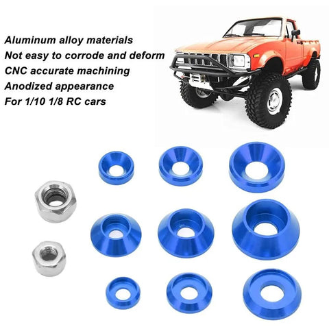RC Car Hardware Fastener Kit With M2.5 M3 M4 Flat And Round Head Washers And Nuts, Assorted Screws And Washers In A Clear Storage Box, Great For 1/8 And 1/10 Scale RC Cars, Blue: blue anodized aluminum washers and nuts for 1/10 and 1/8 RC cars