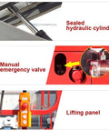 Heavy Duty Walk Behind Scissor Lift Hydraulic Aerial Work Platform manual controls, emergency valve, and hydraulic cylinder details.