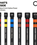 Six Hex Size Hollow Magnetic Nut Driver Set With Extended Reach, 5 Inch Shafts, Color Coded For Easy Identification, Includes 1/4, 5/16, 3/8, 7/16, 1/2, 9/16 Inch SAE Sizes, Beefed Up Magnetic Hold displayed in a row.