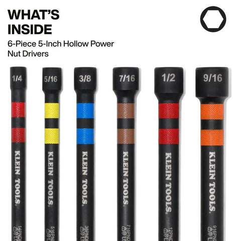 Six Hex Size Hollow Magnetic Nut Driver Set With Extended Reach, 5 Inch Shafts, Color Coded For Easy Identification, Includes 1/4, 5/16, 3/8, 7/16, 1/2, 9/16 Inch SAE Sizes, Beefed Up Magnetic Hold displayed in a row.