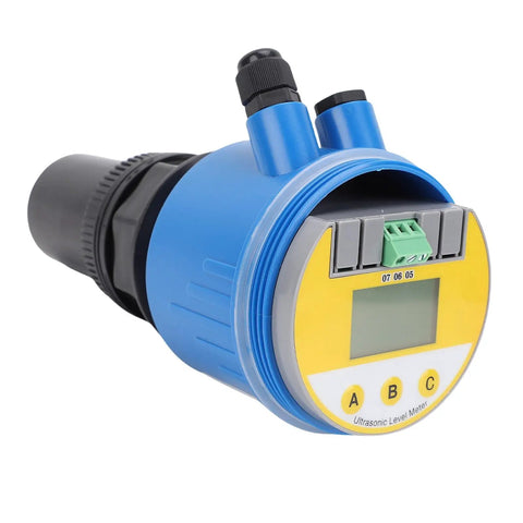 Ultrasonic Water Level Sensor with LCD Display, 4-20mA Output, DC24V, 0-10m Range, Blue Housing, for Water and Sewage Processing