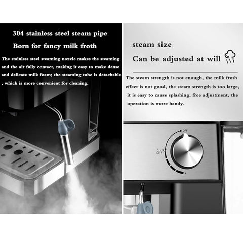 Kickass Semi Automatic Espresso Machine With 20 Bar Pump And Italian Style Frothing Wand For Hella Creamy Cappuccinos Featuring 1.6L Removable Water Tank steam pipe detail for milk froth adjustment.