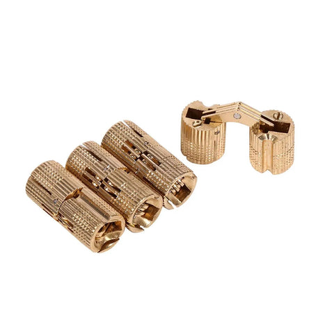 Slick 4 Pack Hidden Brass Barrel Hinges For Cabinets, Concealed 180 Degree Opening, 12mm Fit, detailed polished brass design.