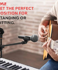 Pair Of Universal Adjustable Tripod Microphone Stands Heavy Duty Lightweight Stage Studio Boom Mic Holders in use with guitar.
