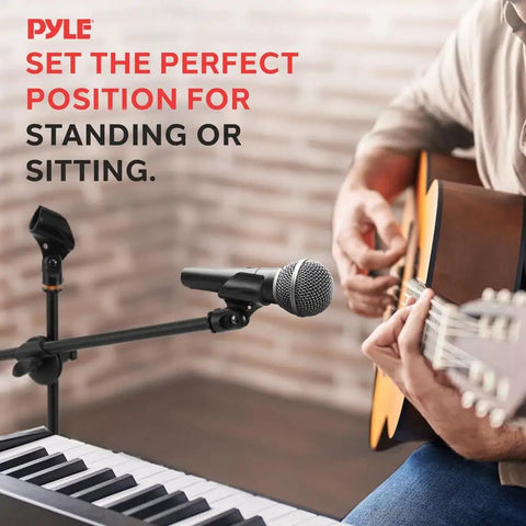 Pair Of Universal Adjustable Tripod Microphone Stands Heavy Duty Lightweight Stage Studio Boom Mic Holders in use with guitar.