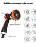 Heavy Duty Stainless Steel Garden Hose Reel With 10 Pattern Spray Nozzle, detailed pressurized water gun with rotary switch shown.