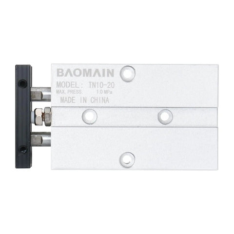 10mm Bore 20mm Stroke Double Rod Pneumatic Air Cylinder Workhorse Double Acting Aluminum Body Front View with M5 Ports