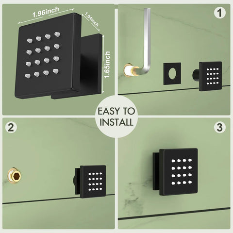 Installation steps for Matte Black Square Shower Body Jets Set 4 Pieces With 16 Nozzles, featuring wall mount components.