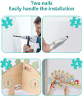 Easy installation of Kid Approved Dinosaur Wall Busy Board using two nails, showcasing assembly process and design.