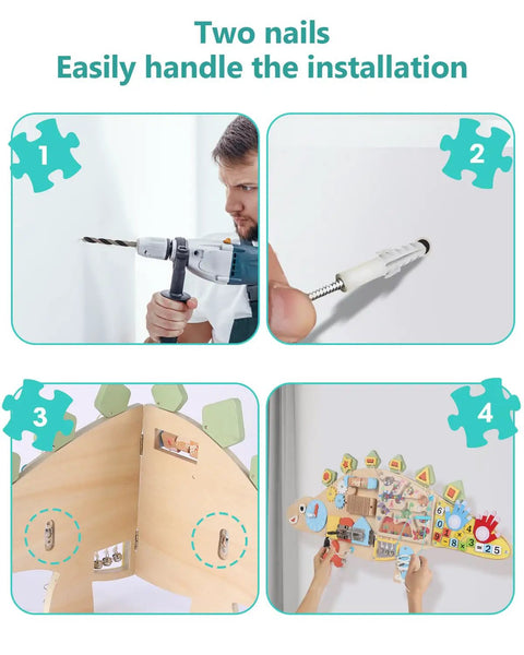 Easy installation of Kid Approved Dinosaur Wall Busy Board using two nails, showcasing assembly process and design.