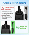 Heavy Duty Nema 6 50 Adapter For Tesla Gen 2 Mobile Connector 240V 32A Ev Charger Plug showing correct and incorrect insertion methods.