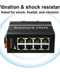 Front view of Eight Port Industrial Ethernet Switch Unmanaged 10/100 Mbps with anti-vibration, IP40 build for harsh environments.