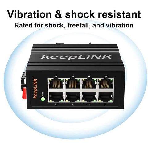 Front view of Eight Port Industrial Ethernet Switch Unmanaged 10/100 Mbps with anti-vibration, IP40 build for harsh environments.