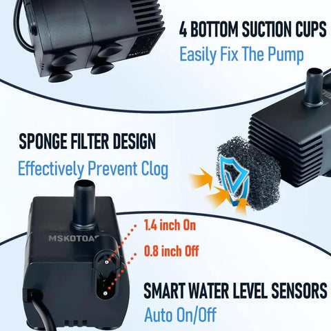 Automatic Sump Pump With Water Sensor For Condensate Removal From Dehumidifiers And Air Conditioners, suction cups, sponge filter, water sensors.