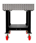 Real Deal Heavy Duty Welding Fixture Table 48x30 Inch Garage Rig With Tough Laser Cut Grid Holes Smooth Rolling Locking Casters And Quick Snap Handle Silver Usa Made, front view showcasing smooth rolling casters and steel frame.