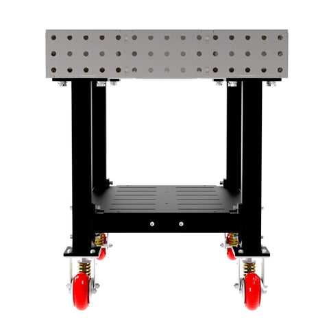 Real Deal Heavy Duty Welding Fixture Table 48x30 Inch Garage Rig With Tough Laser Cut Grid Holes Smooth Rolling Locking Casters And Quick Snap Handle Silver Usa Made, front view showcasing smooth rolling casters and steel frame.