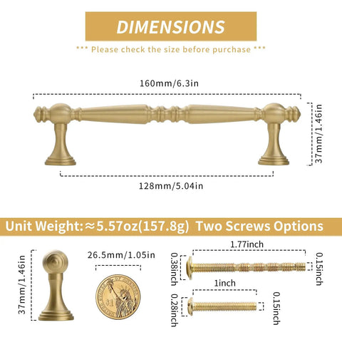Heavy Duty Five Inch Solid Brass Cabinet Pulls In Brushed Matte Gold dimensions and screw options for easy installation