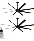 Heavy Hitting Two Pack One Hundred Inch Industrial Ceiling Fan With Remote Control Inside Or Outside Featuring Solid As A Rock Black Metal Blades.