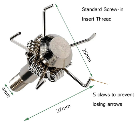 Close-up of a single 100-grain broadhead with Judo and Hammer style tips, part of 12 Pack 100 Grain Small Game Broadheads With Judo Points And Hammer Style Tips Mixed Set With Broadhead Case Screw In Arrowheads For Hunting And Field Practice Perfect For Small Game Hunters And Target Shooters, showing screw-in thread and five claws. Measurements 25mm width, 27mm length, and 4mm height.