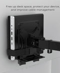 Thin Client Mount Bracket For Under Desk And VESA Arm Setups securely holding mini PC on monitor arm, side view.