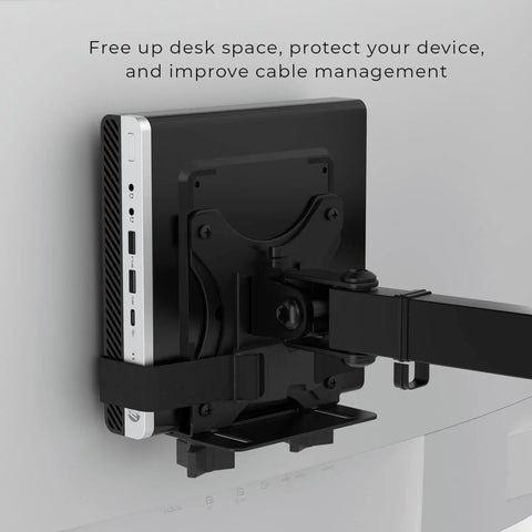 Thin Client Mount Bracket For Under Desk And VESA Arm Setups securely holding mini PC on monitor arm, side view.