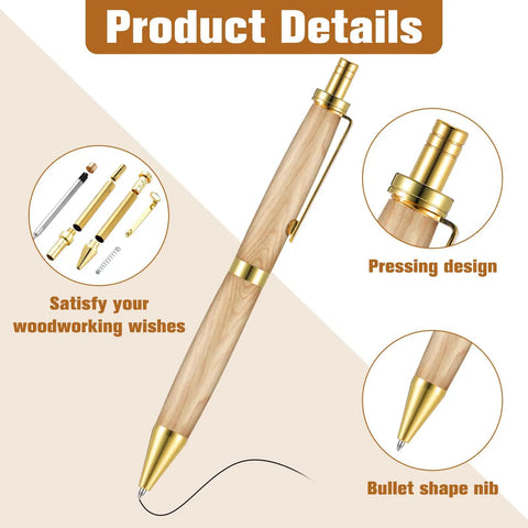Sick 6 Piece Retractable Pen Kit Bundle Sweet Deal For Wood Turning Lathes Includes 8 MM Slimline Insert Kits With Smooth Click Refills. Close-up of golden pen with bullet nib.