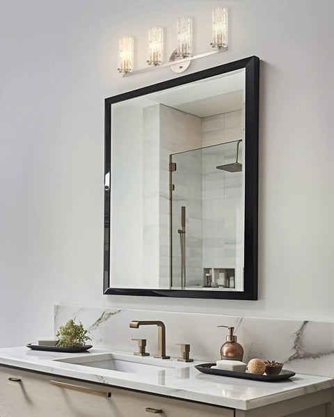 Ophelia 22 Inch Modern Four Light Vanity Fixture With Cylinder Hand Cut Glass Shades In Brushed Nickel Finish Above Mirror
