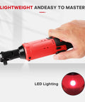 Hand using Cordless Ratchet Wrench Set 3 by 8 Inch 12V Max, 400RPM, 45 Nm Torque with LED lighting feature, demonstrated for efficiency.