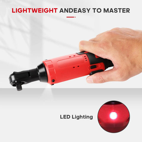 Hand using Cordless Ratchet Wrench Set 3 by 8 Inch 12V Max, 400RPM, 45 Nm Torque with LED lighting feature, demonstrated for efficiency.