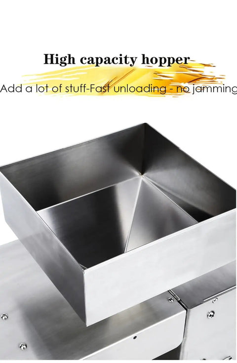 High capacity hopper of Slick Cold Press Oil Extractor For Nuts And Seeds Fully Automatic Mini Kitchen Machine No Sweat 110V Operation.