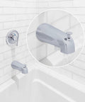 Close-up of Chrome Diverter Tub Spout With Handheld Shower Fitting, Universal Fit For Most Bathtubs, installed in white tiled bathroom.