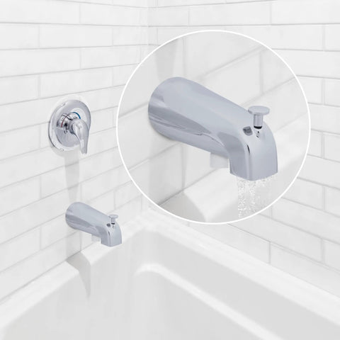 Close-up of Chrome Diverter Tub Spout With Handheld Shower Fitting, Universal Fit For Most Bathtubs, installed in white tiled bathroom.