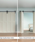 Heavy Duty 48 Inch Bi Folding Sliding Barn Door Hardware Kit With Wall Mount Rollers For Four 11 Inch Bifold Doors Door Not Included Built Tough Carbon Steel With Matte Black Finish Corrosion Resistant And Easy To Install installed on white doors in a bedroom.
