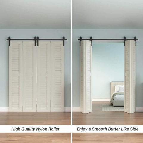 Heavy Duty 48 Inch Bi Folding Sliding Barn Door Hardware Kit With Wall Mount Rollers For Four 11 Inch Bifold Doors Door Not Included Built Tough Carbon Steel With Matte Black Finish Corrosion Resistant And Easy To Install installed on white doors in a bedroom.